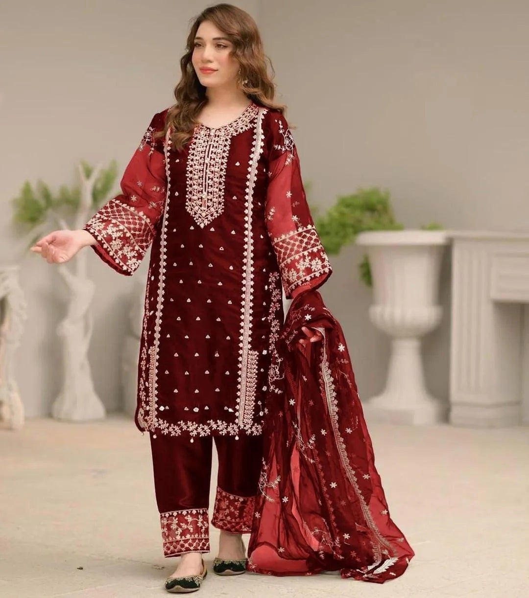 Maroon Embroidered 3-Piece Suit for Women 5.0