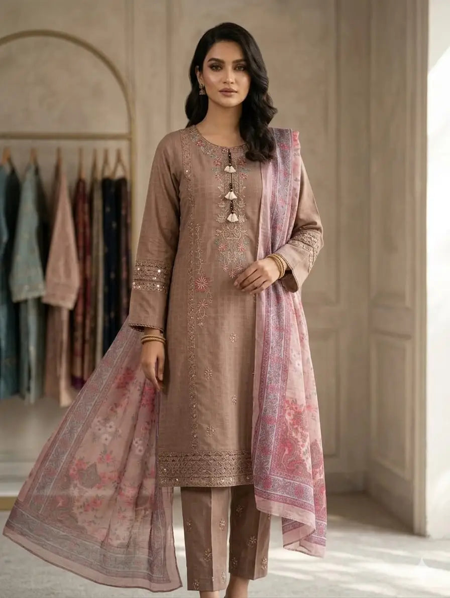 Heavy Fully Embroidered 3 Piece PV Cotton Suit for Women – Thread & Patch Work | Ready to Wear Pakistani Dress with Monar Dupatta